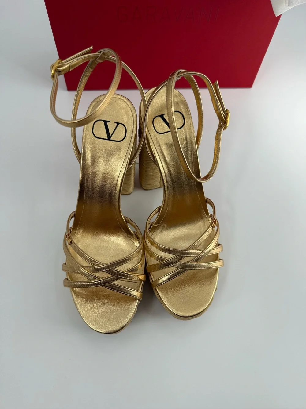 Valentino Garavani Gold Platform Block Sandals Metallic Ankle Strap Luxury Heels
